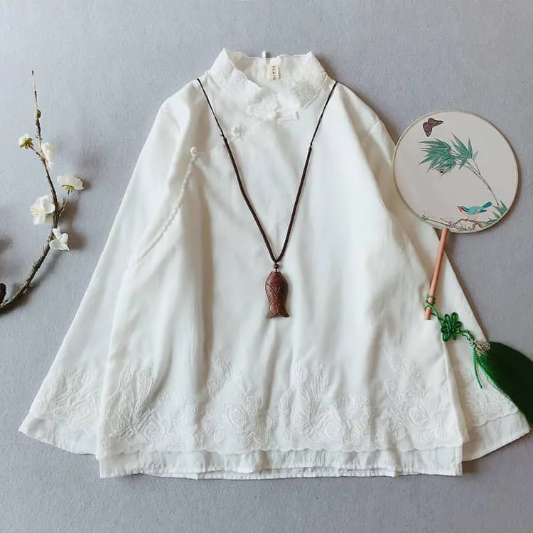 Layered Qipao Blouse with Flower Embroidery