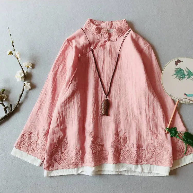 Layered Qipao Blouse with Flower Embroidery