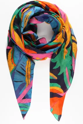 Leaf Print Cotton Scarf - Navy Mix