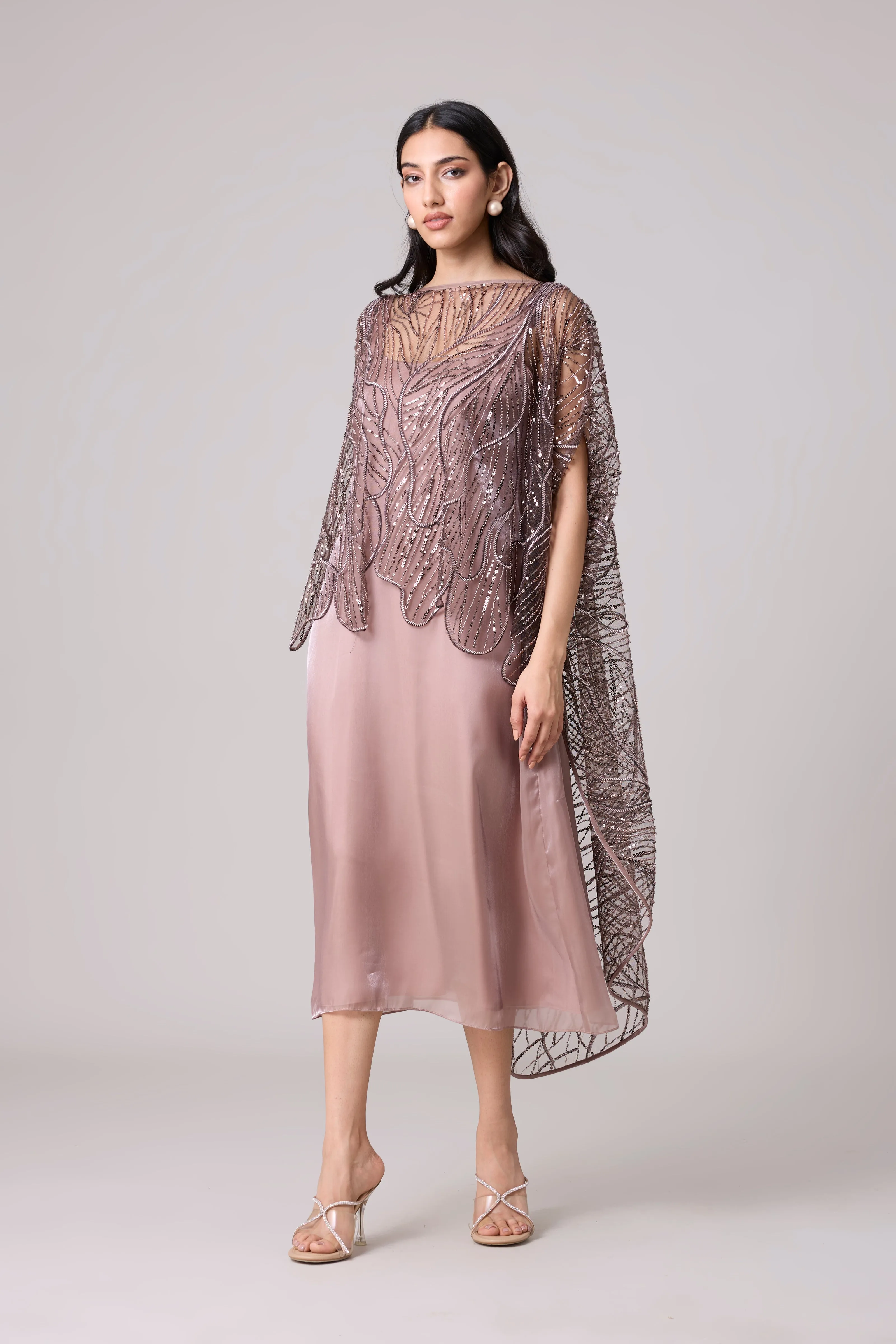 Leah Embroidered Cape Midi Dress