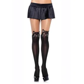 Leg Avenue Black Cat Spandex Opaque Pantyhose with Sheer Thigh Accent OS Black/Nude