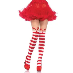 Leg Avenue Rudolph Reindeer Opaque Striped Pantyhose with Sheer Thigh High - O/S - Red/White