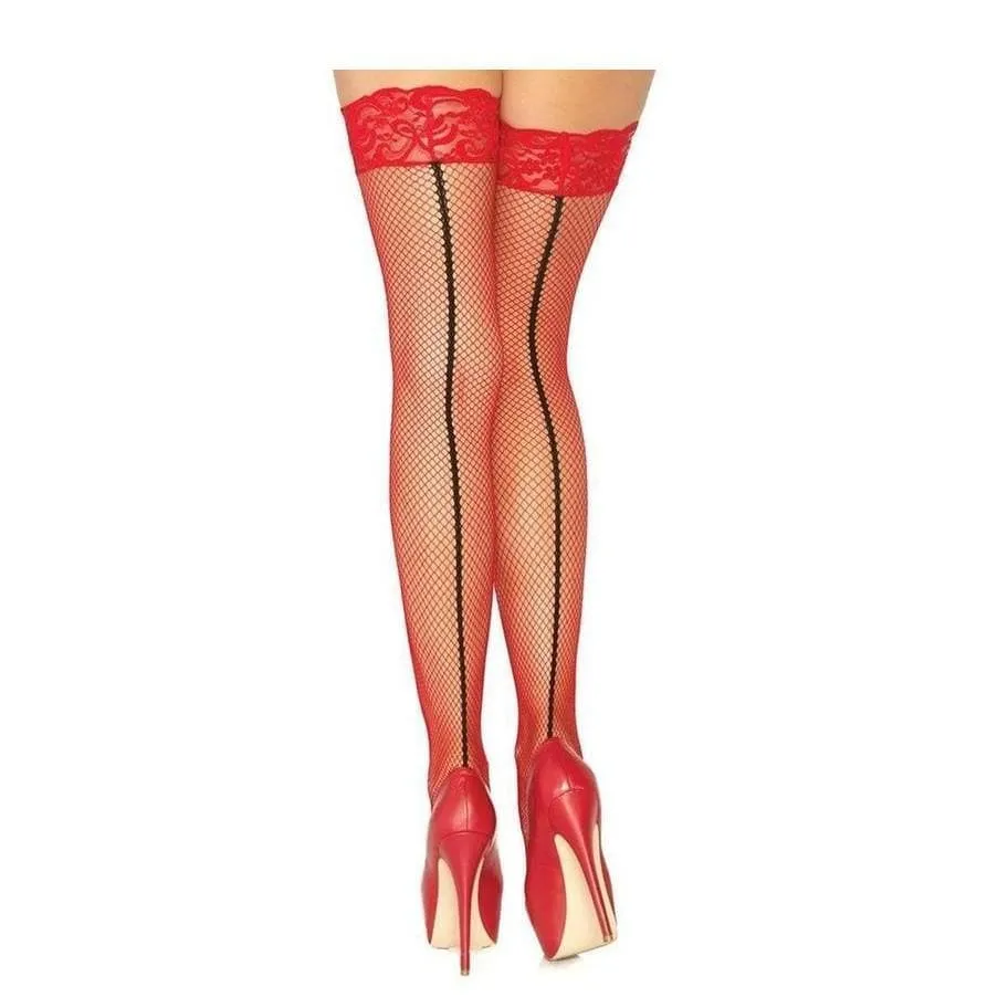 Leg Avenue Stay Up Lace Top Backseam Fishnet Thigh High Red/Black