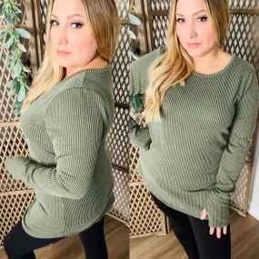 Long Sleeve Solid Urban Ribbed Top w/ Thumbhole: Olive