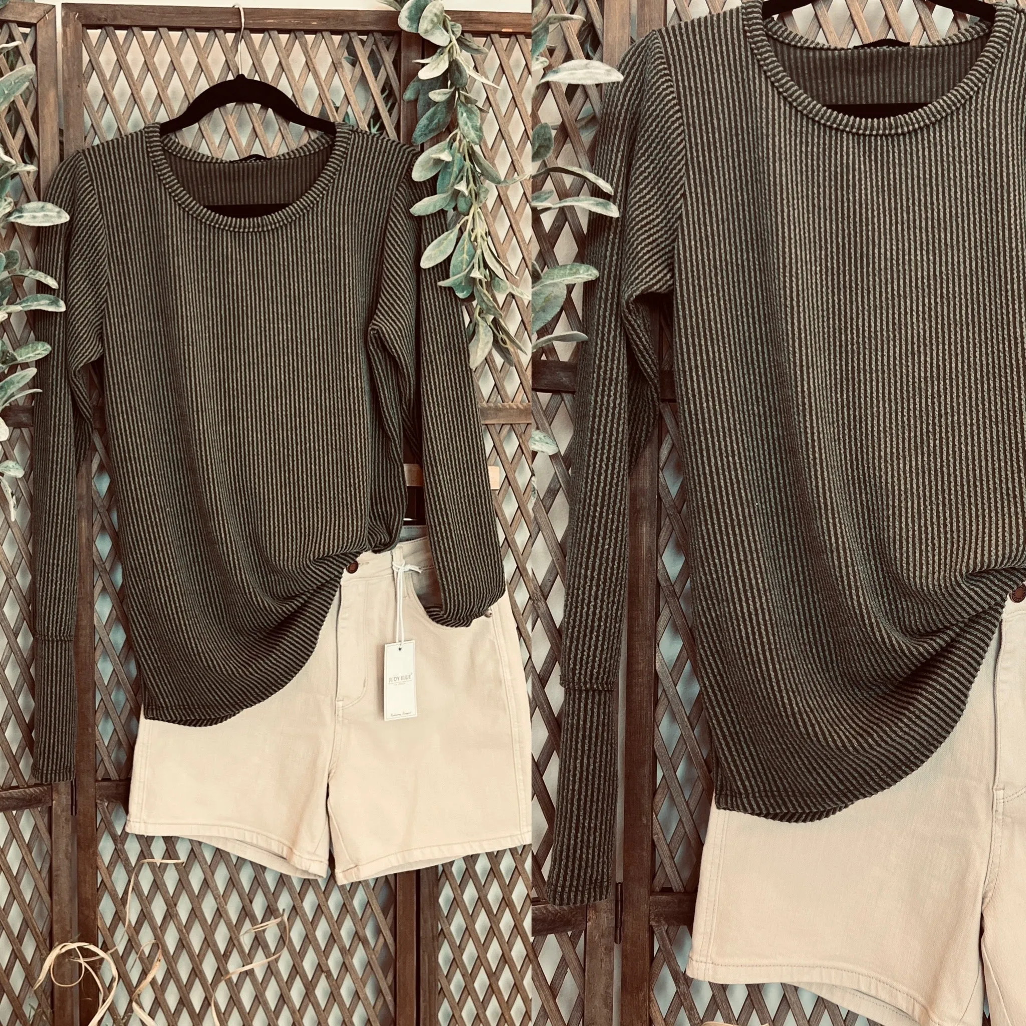 Long Sleeve Solid Urban Ribbed Top w/ Thumbhole: Olive