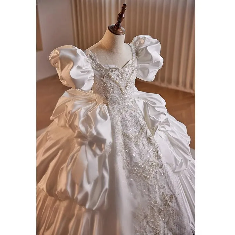 Luxurious Puff Sleeve Princess Dress Elegant White Satin Dress