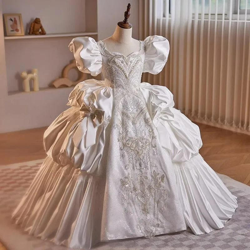 Luxurious Puff Sleeve Princess Dress Elegant White Satin Dress