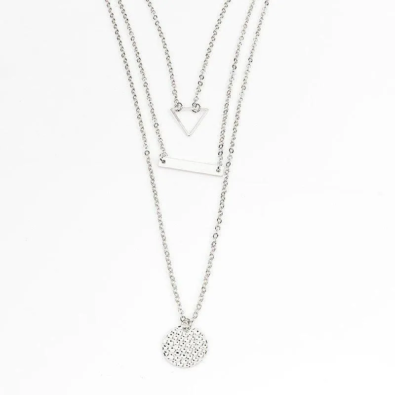 MAC090 Multi-layered Hollow Tiangular Sequin Long Round Pendant Necklace