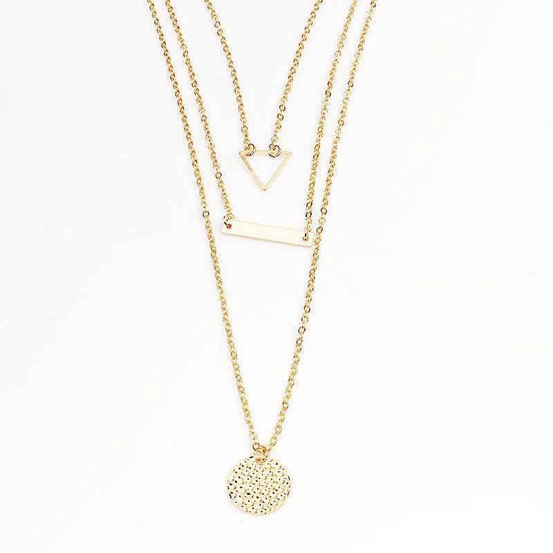 MAC090 Multi-layered Hollow Tiangular Sequin Long Round Pendant Necklace