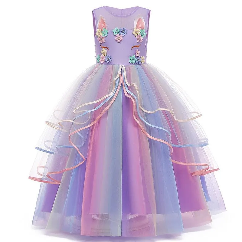 Magical Unicorn Party Dress Fairy Tale Rainbow Dress Dreamy Flower Embellished Gown Halloween cosplay costumes