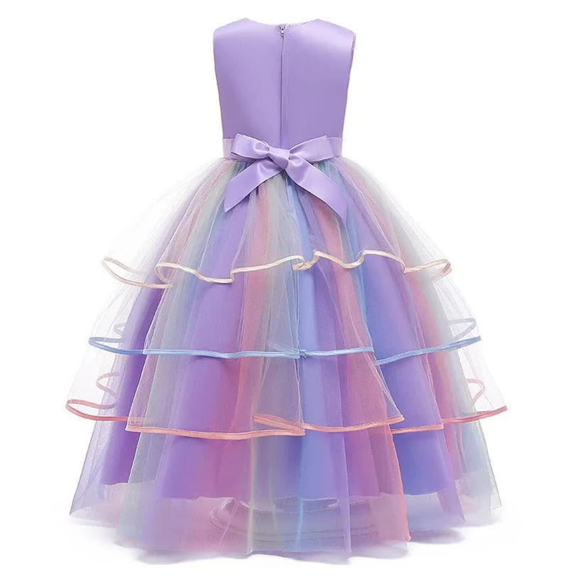 Magical Unicorn Party Dress Fairy Tale Rainbow Dress Dreamy Flower Embellished Gown Halloween cosplay costumes