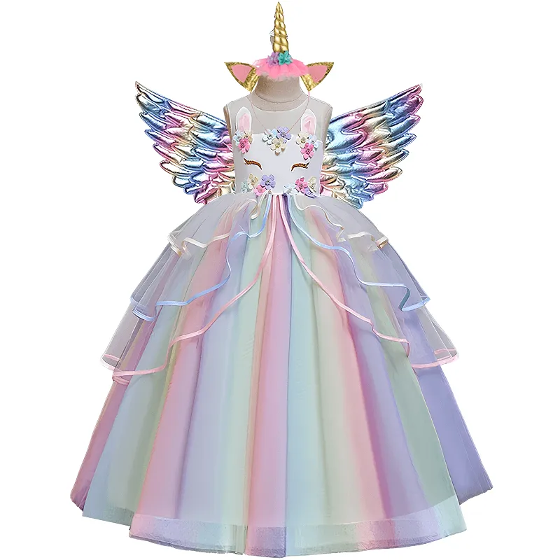 Magical Unicorn Party Dress Fairy Tale Rainbow Dress Dreamy Flower Embellished Gown Halloween cosplay costumes