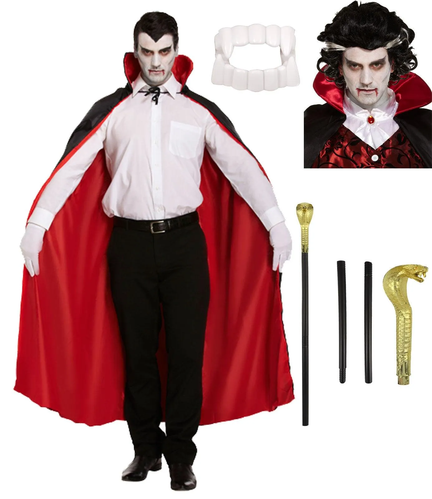 Male Vampire Wig Reversible Cape Snake Head Plastic Cane White Fanged Teeth Halloween Vampire Fancy Dress Costume