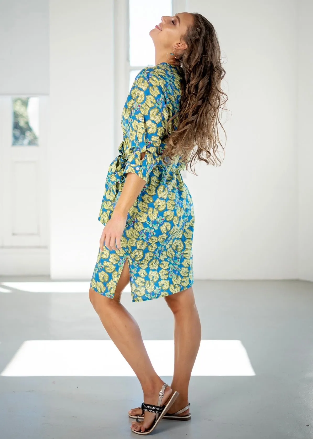 Mandarin Tunic Dress In Blue With Olive Motif