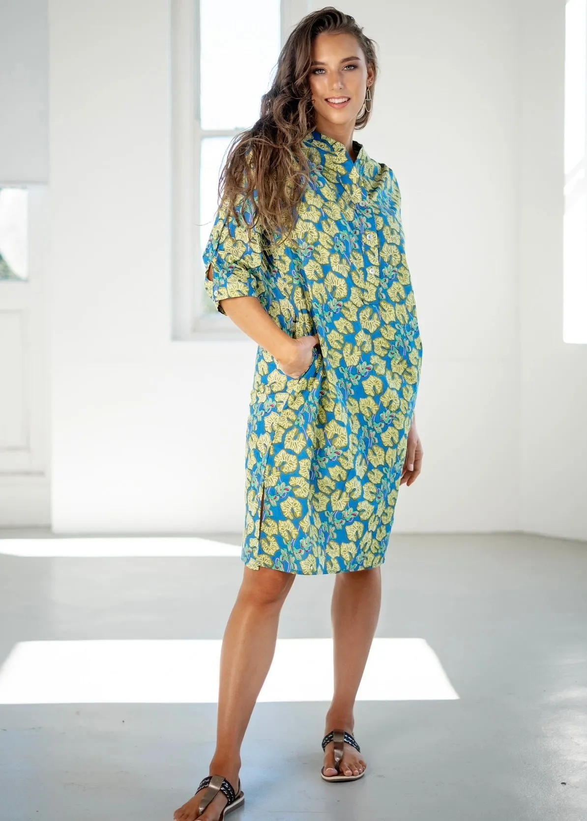 Mandarin Tunic Dress In Blue With Olive Motif