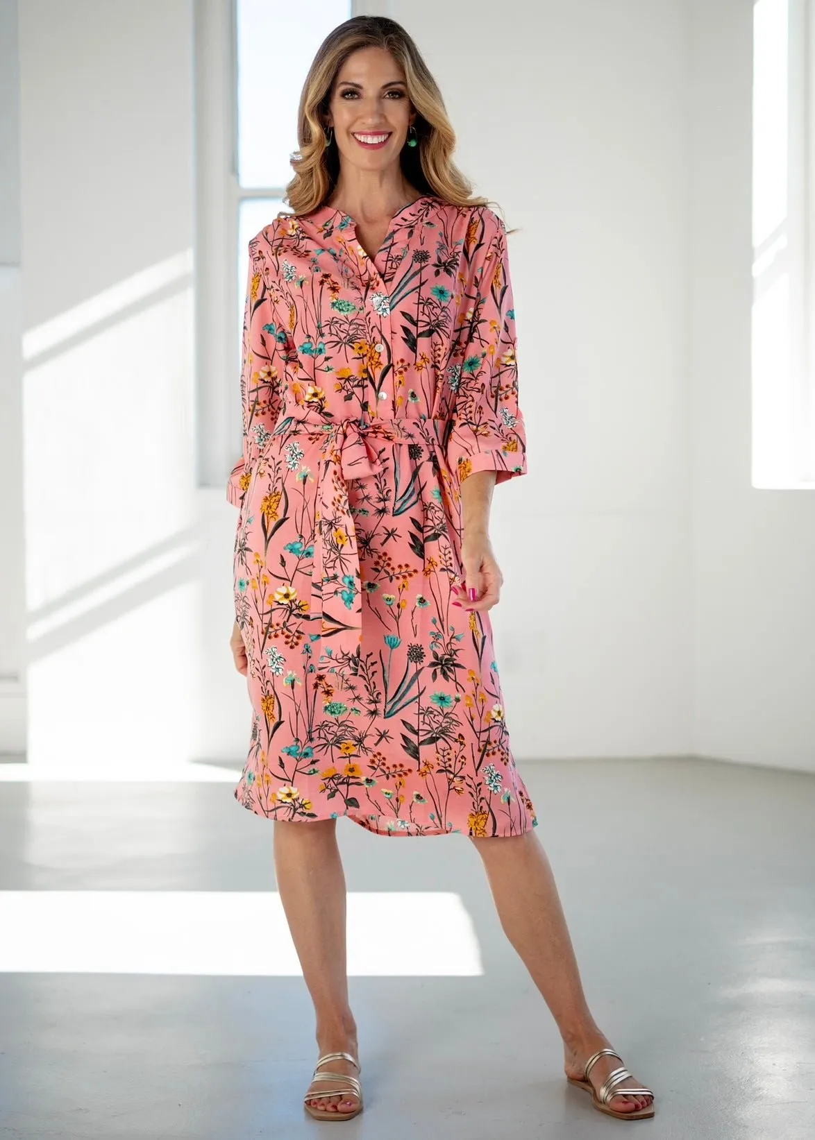 Mandarin Tunic Dress With Floral Print In Pink