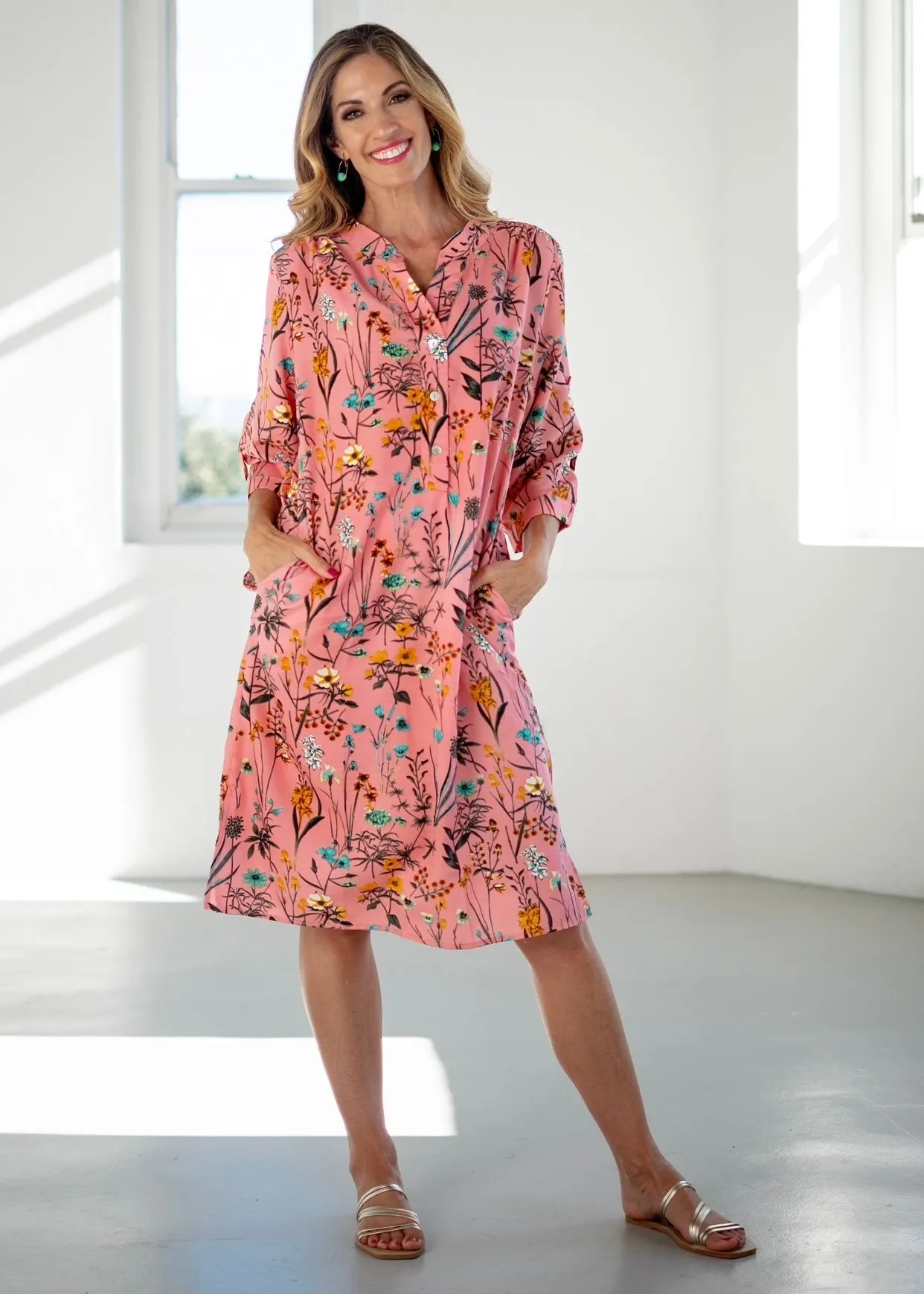 Mandarin Tunic Dress With Floral Print In Pink