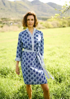 Mandarin Tunic Dress With Half Circle Print In Blue