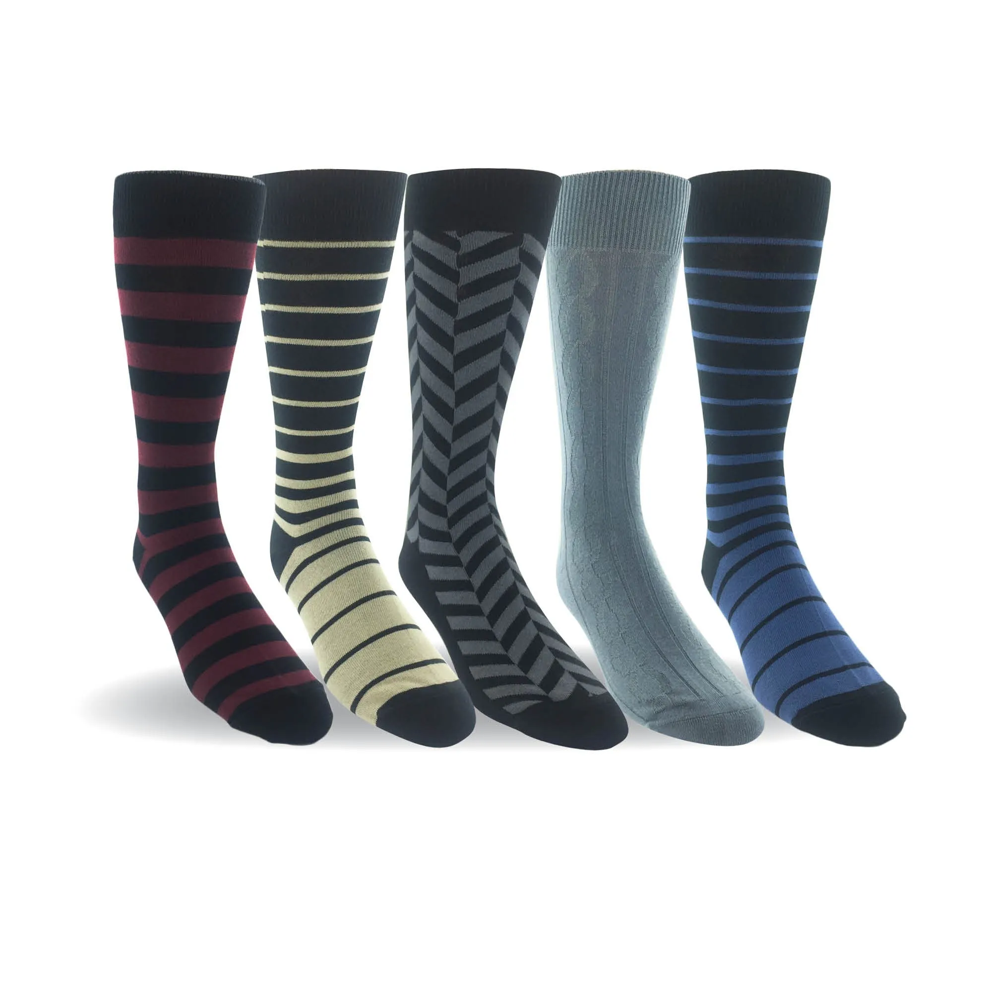 Men 5 Pairs Cotton Crew Dress Socks Striped Flat Knit