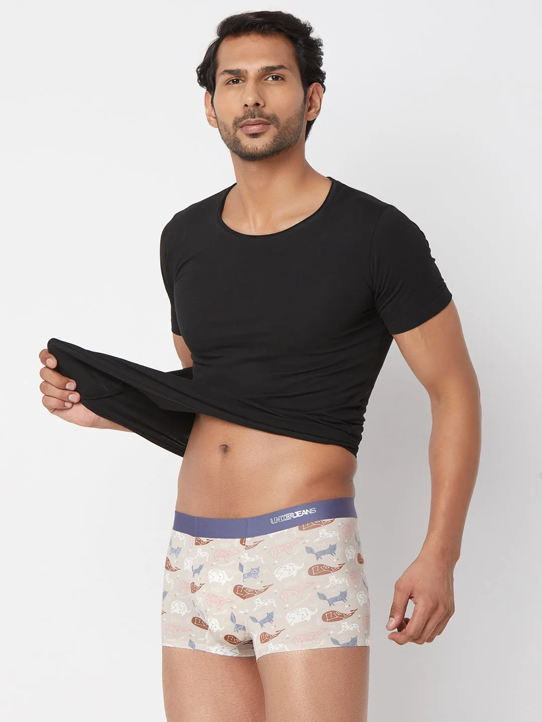 Men Beige Printed Super Premium Bonded Elastic Trunk - Underjeans By Spykar