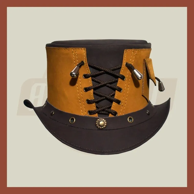 Men’s Leather Corset Steampunk Biker Vest Style Motorcycle Top Hat- Brown