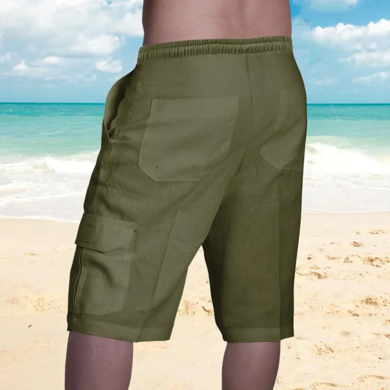 Men's Linen Shorts Multi-Pocket Tie Beach Cargo Shorts 15669475L