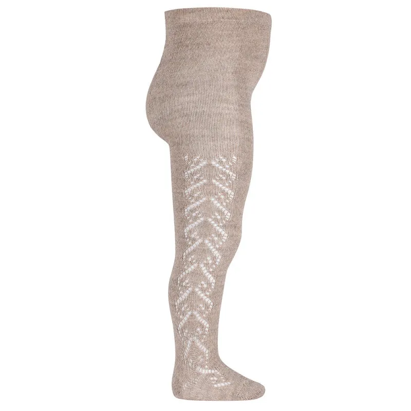 Merino Wool Tights with Openwork Hearts (Oatmeal)