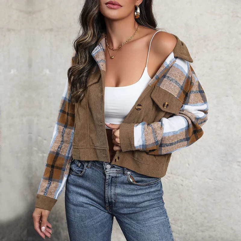 METAVERSMALL Europe, America and foreign trade New spring new corduroy plaid top  retro lapel splicing cardigan jacket women