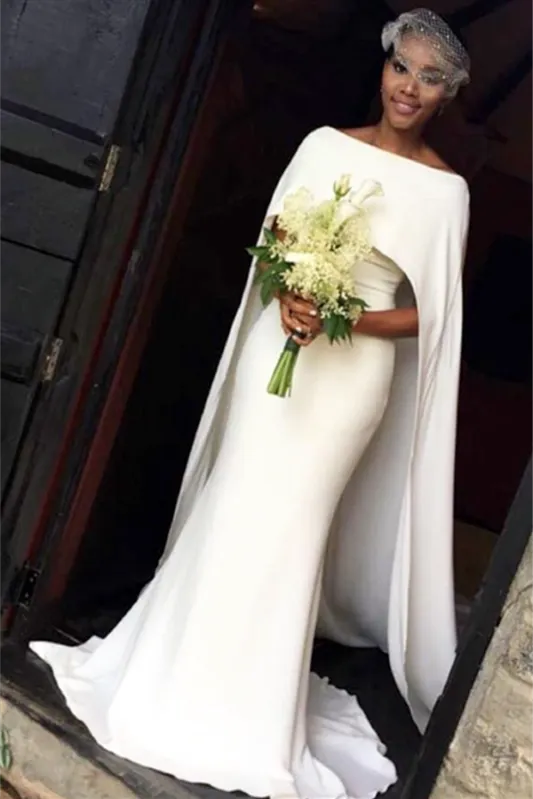 Modern Ivory Mermaid Summer Wedding Dress with Cape