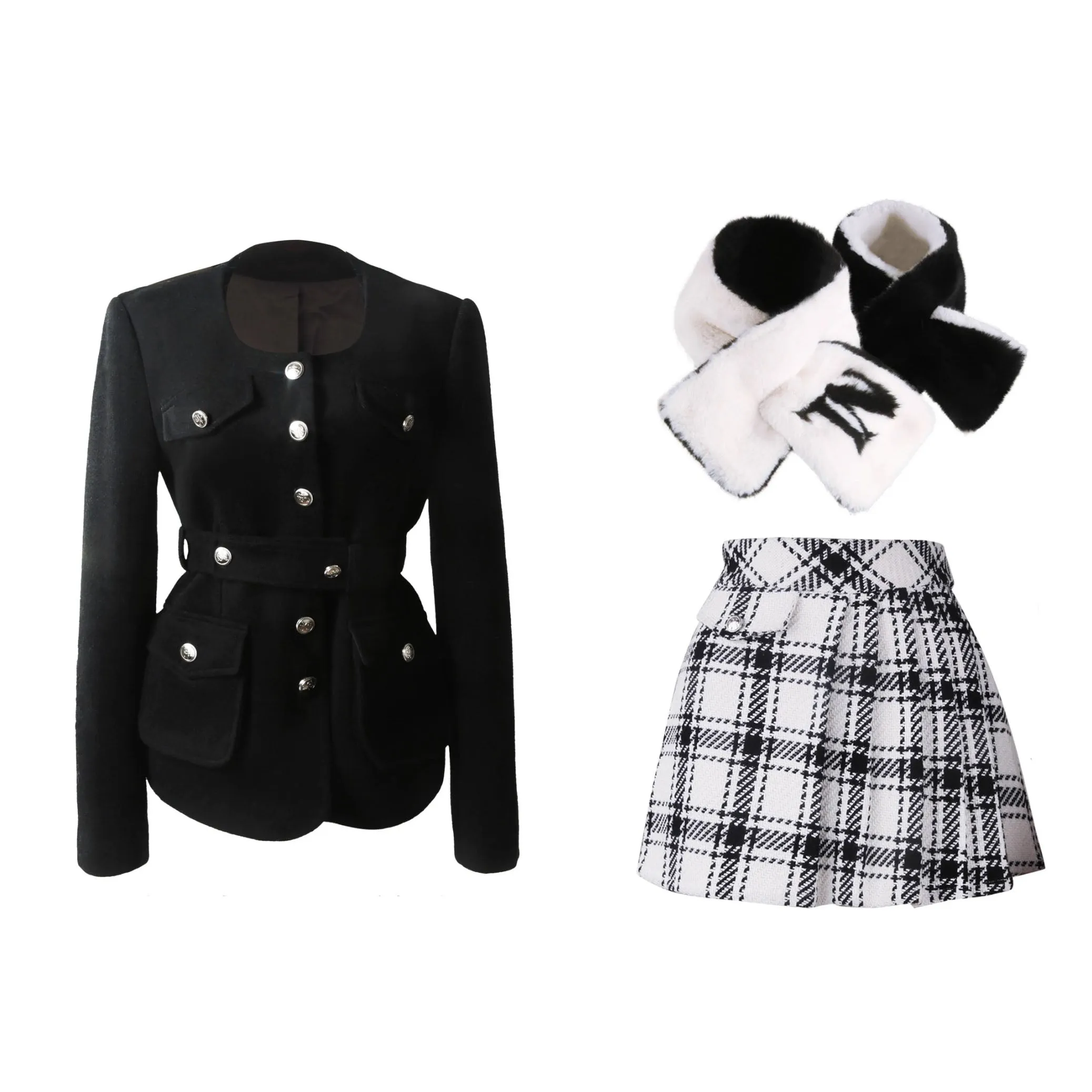 Monet Winter Academia Black Knight Wool Jacket & Pleated Plaid Skirt Two Piece Set