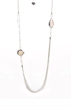 Multiple Layered Gem Stone Charm Chain Long Necklace in Silver