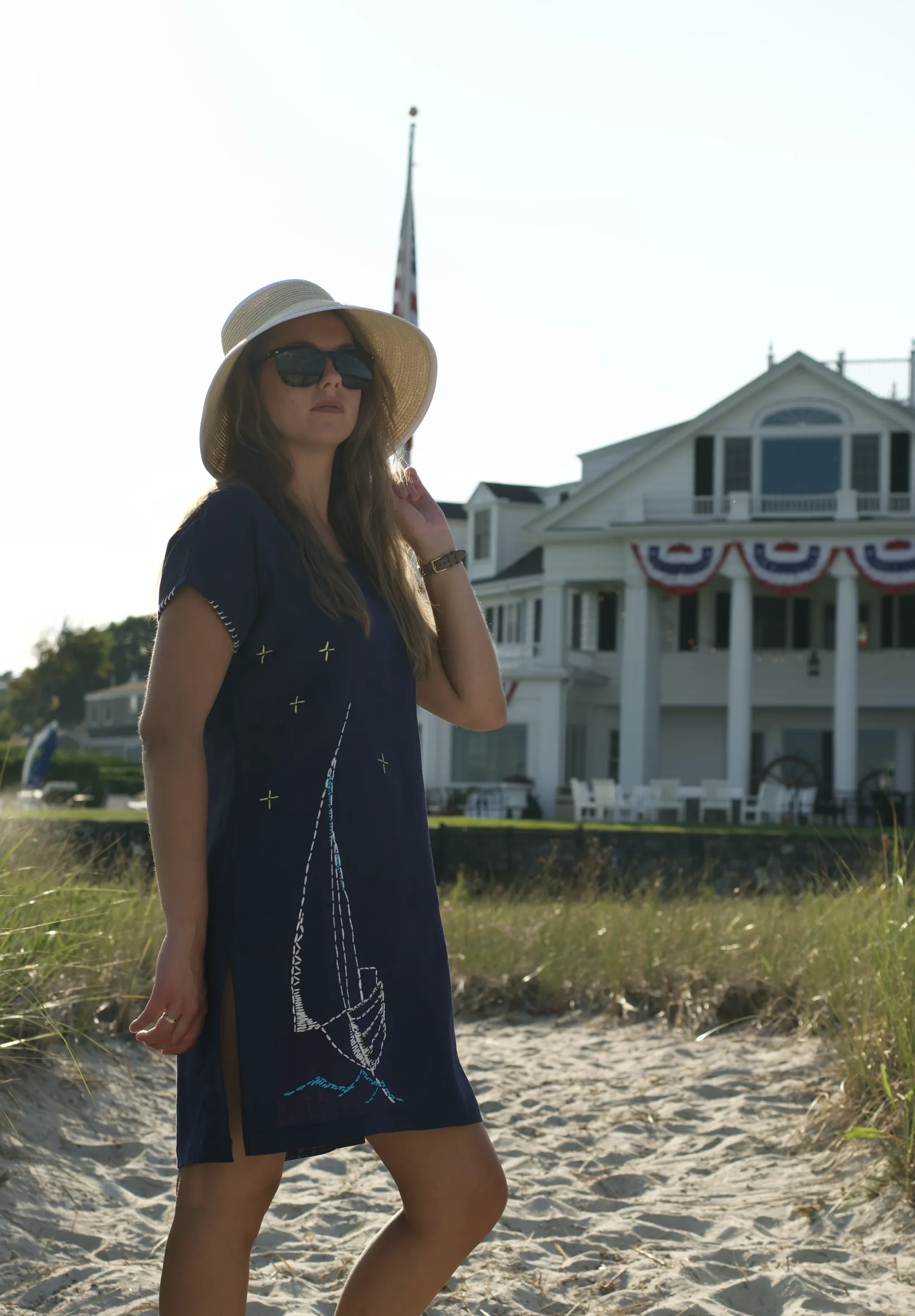 Navy Linen Beach Cover-Up with Sailboat Embroidery