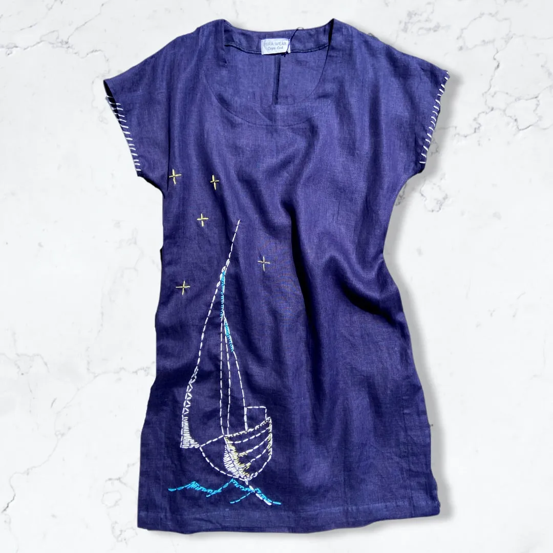 Navy Linen Beach Cover-Up with Sailboat Embroidery