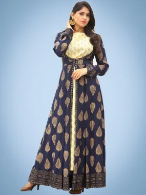 Nazakat - Indigo Gold Printed Long Cape Kurta Dress With Tunic - D377F2001