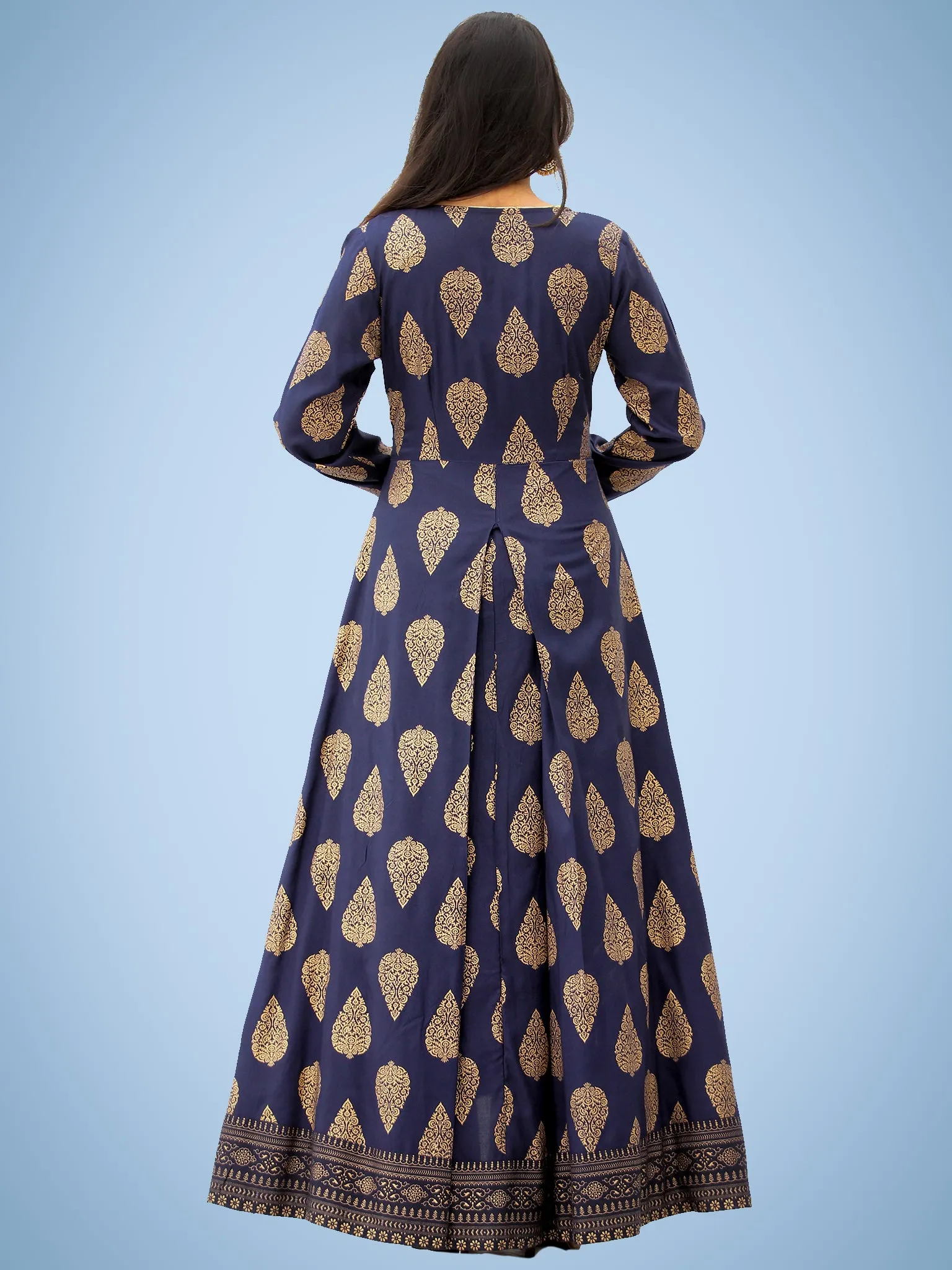 Nazakat - Indigo Gold Printed Long Cape Kurta Dress With Tunic - D377F2001