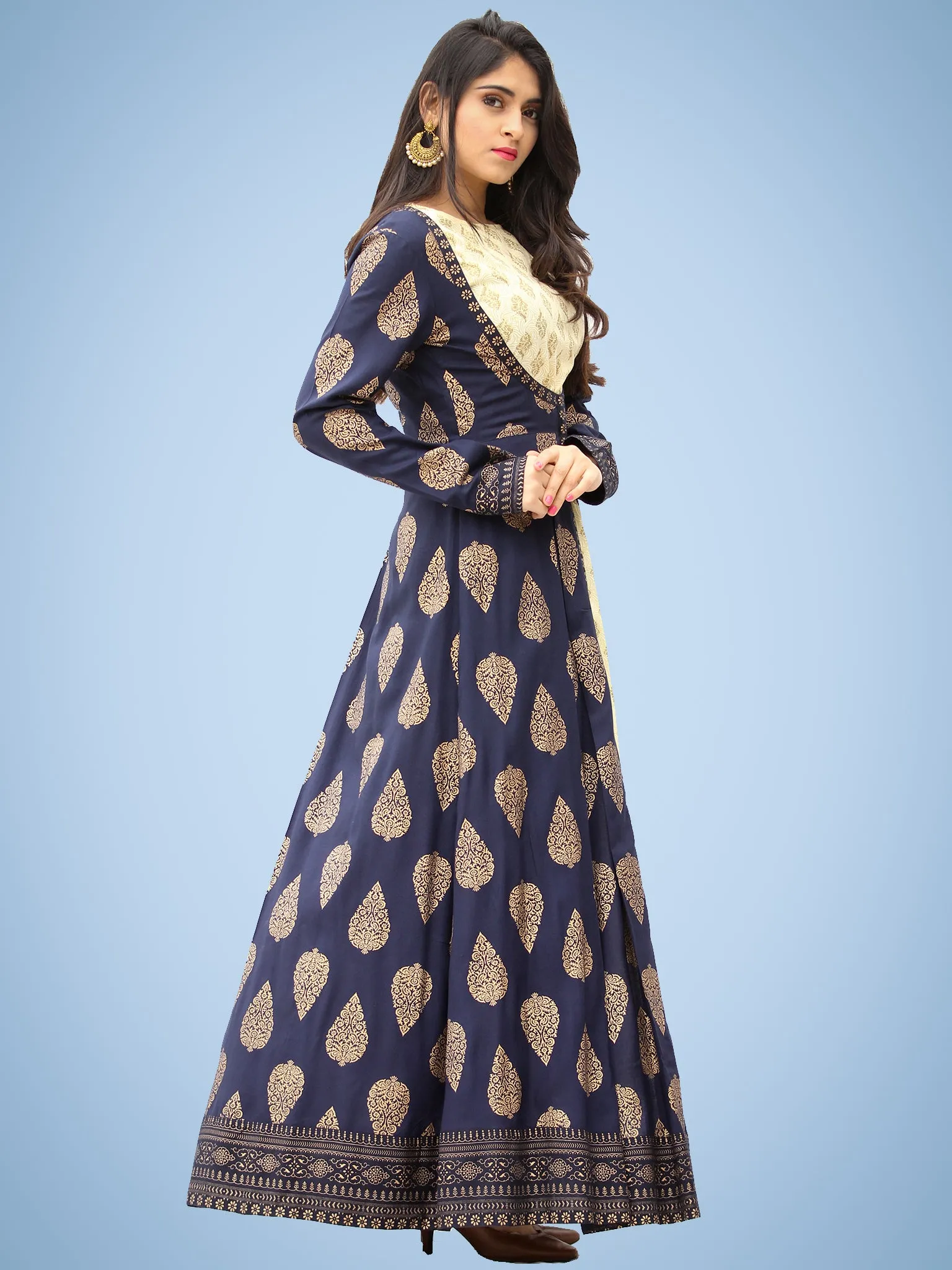 Nazakat - Indigo Gold Printed Long Cape Kurta Dress With Tunic - D377F2001