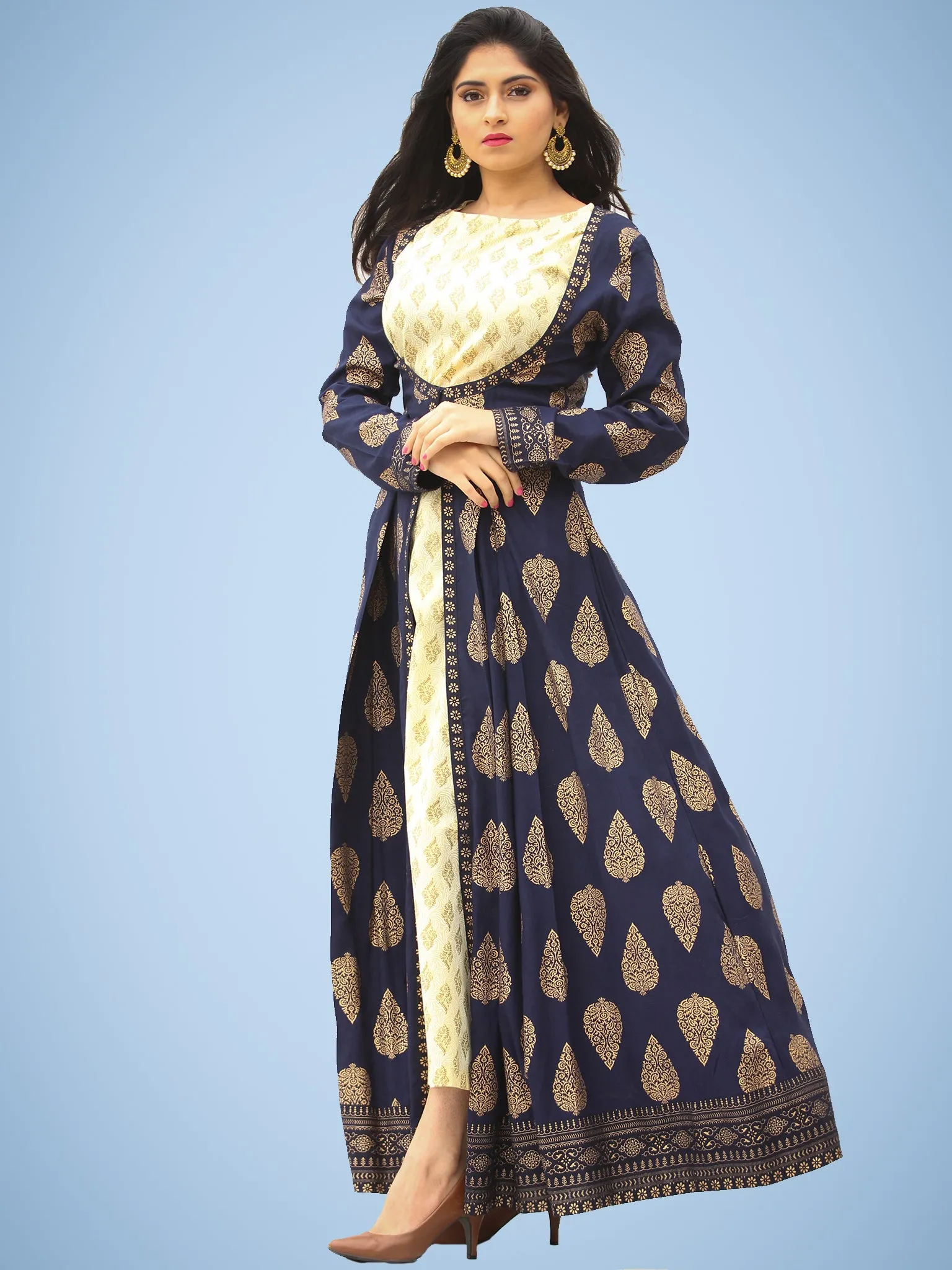 Nazakat - Indigo Gold Printed Long Cape Kurta Dress With Tunic - D377F2001