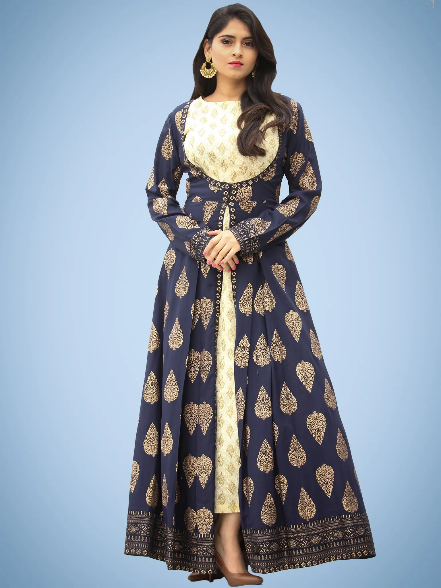 Nazakat - Indigo Gold Printed Long Cape Kurta Dress With Tunic - D377F2001