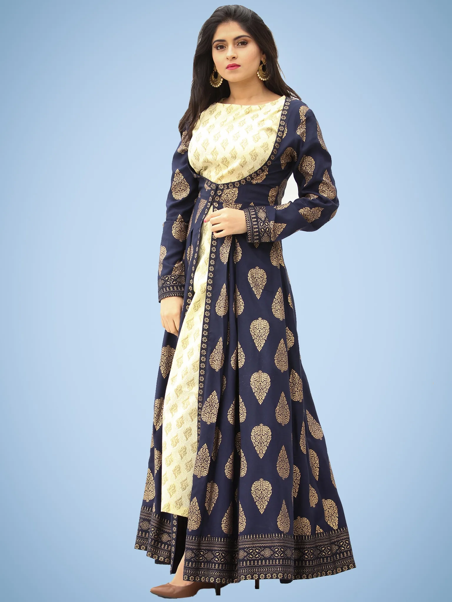 Nazakat - Indigo Gold Printed Long Cape Kurta Dress With Tunic - D377F2001