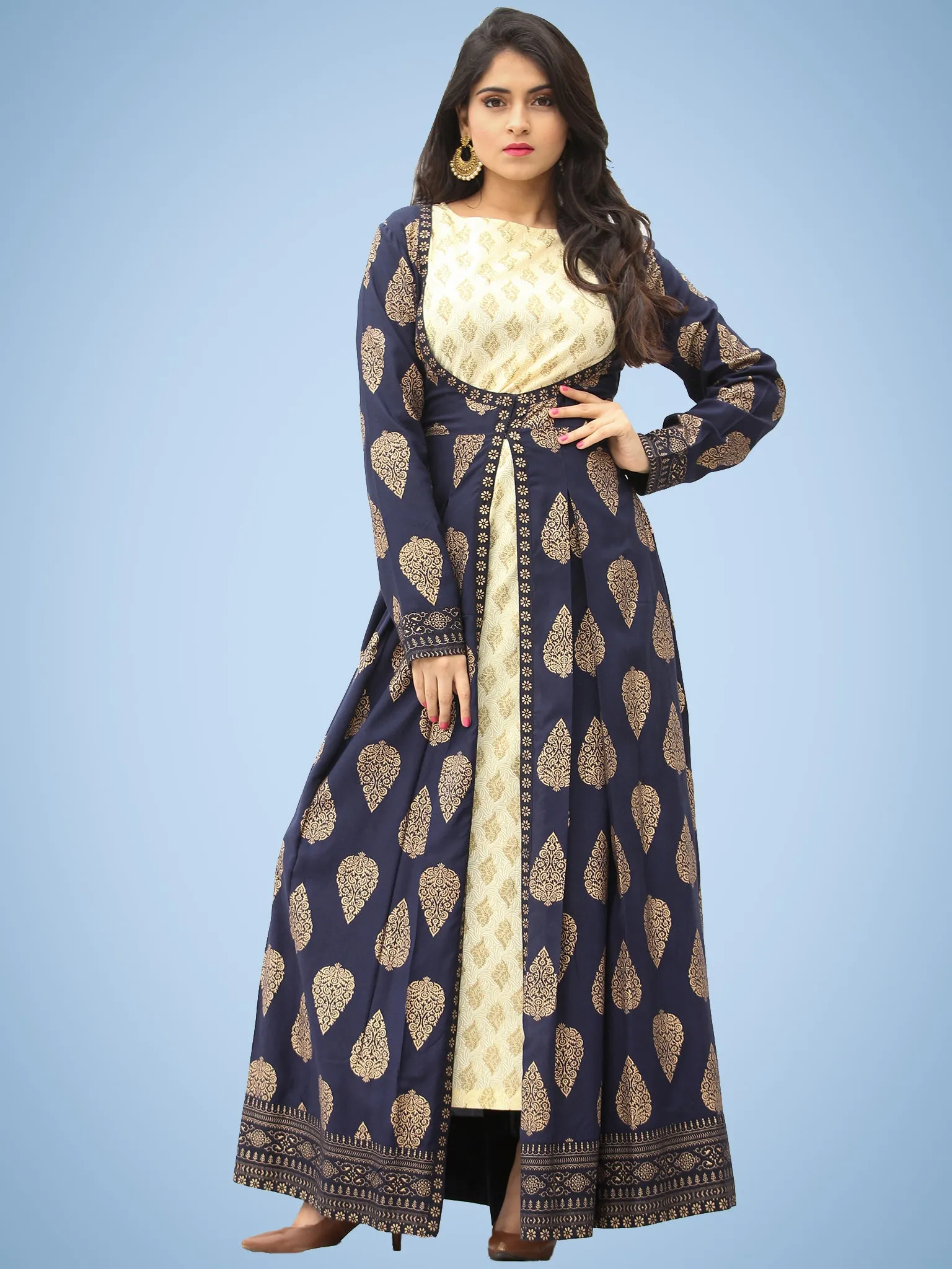 Nazakat - Indigo Gold Printed Long Cape Kurta Dress With Tunic - D377F2001