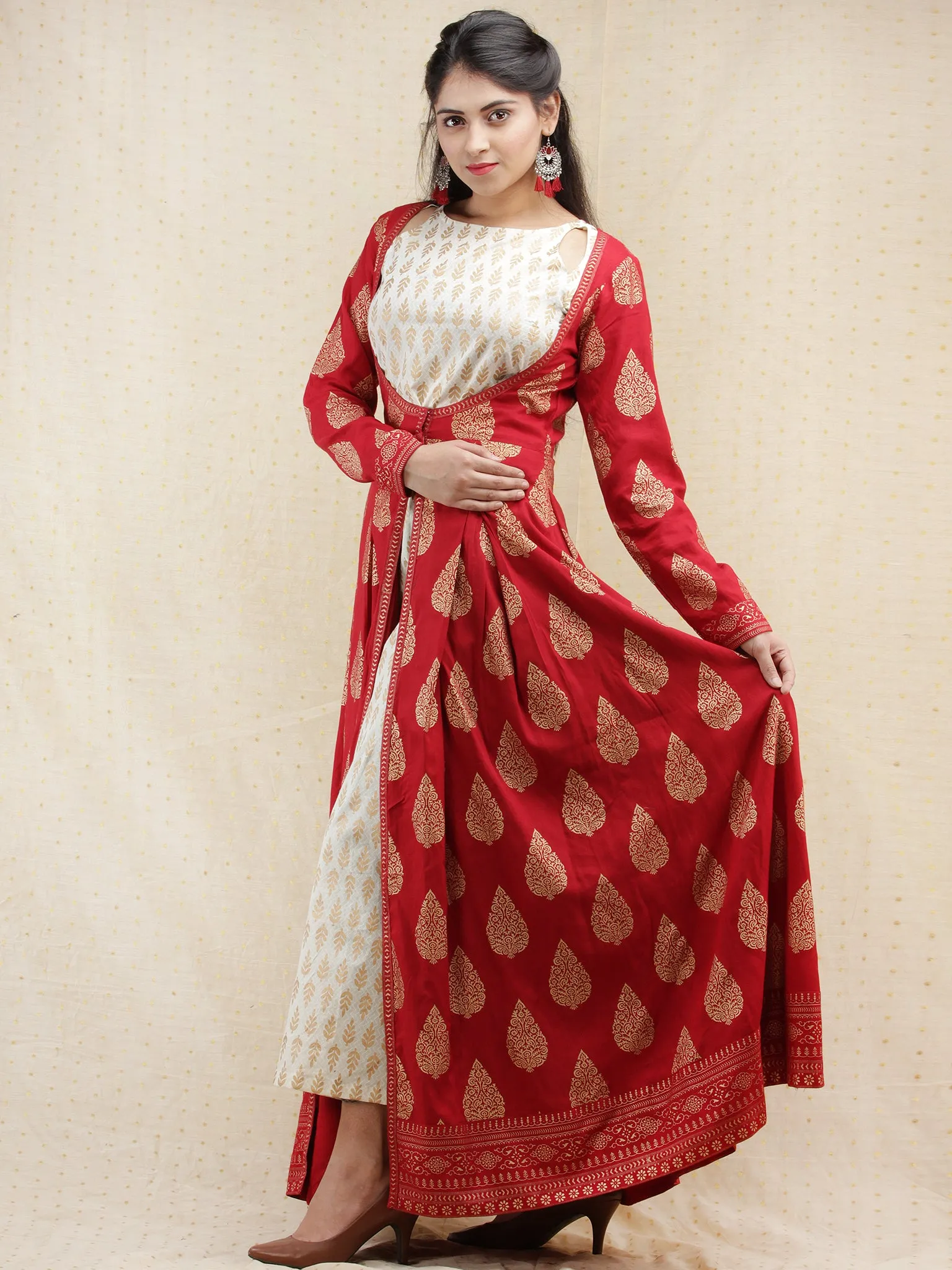 Nazakat - Red Gold Printed Long Cape Dress With Tunic - D377FXXx