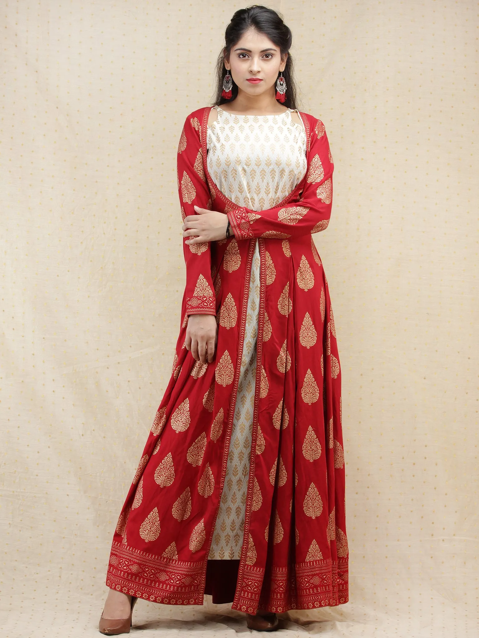 Nazakat - Red Gold Printed Long Cape Dress With Tunic - D377FXXx