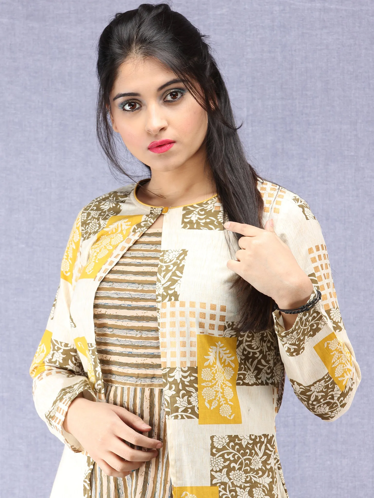 Nazan - Block Printed Cotton Middi Dress With Tunic & Cape - D393F2015