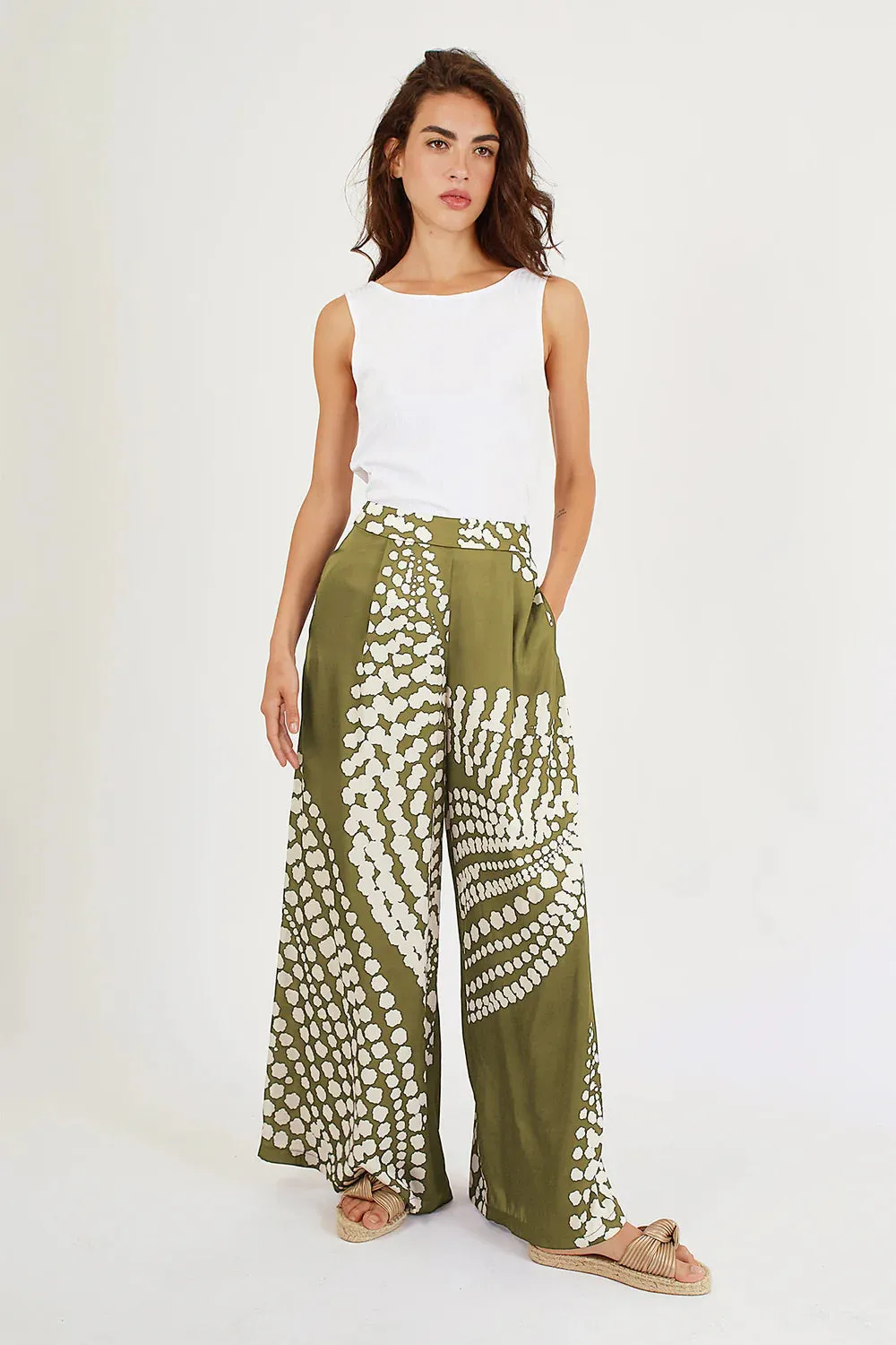 Olive Print Silky Wide Leg Pants