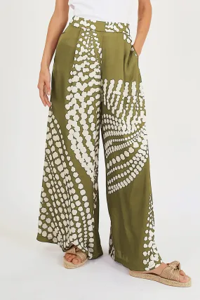 Olive Print Silky Wide Leg Pants