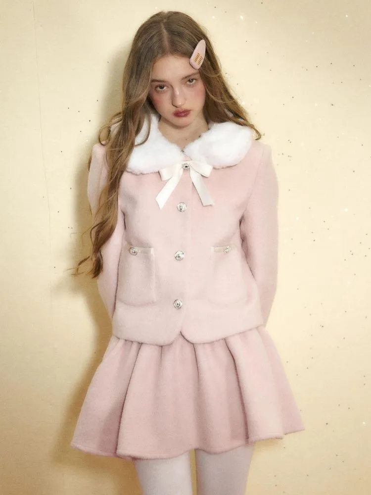 Pink wool coat and high waist tutu skirt【s0000004542】