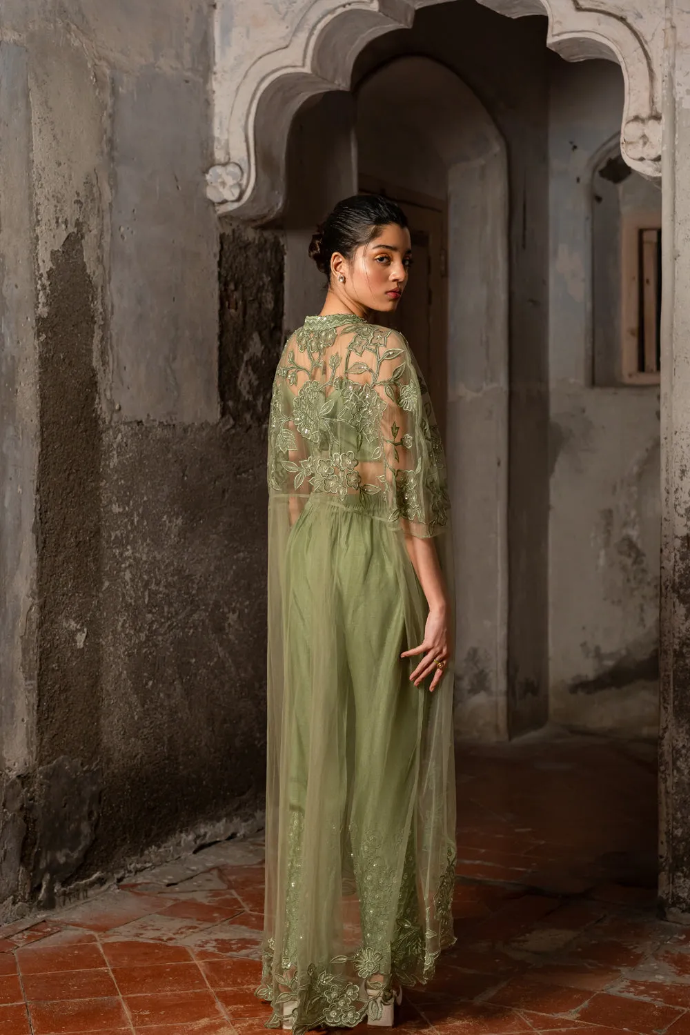 Pista Green Hand Embroidered Long Cape Set