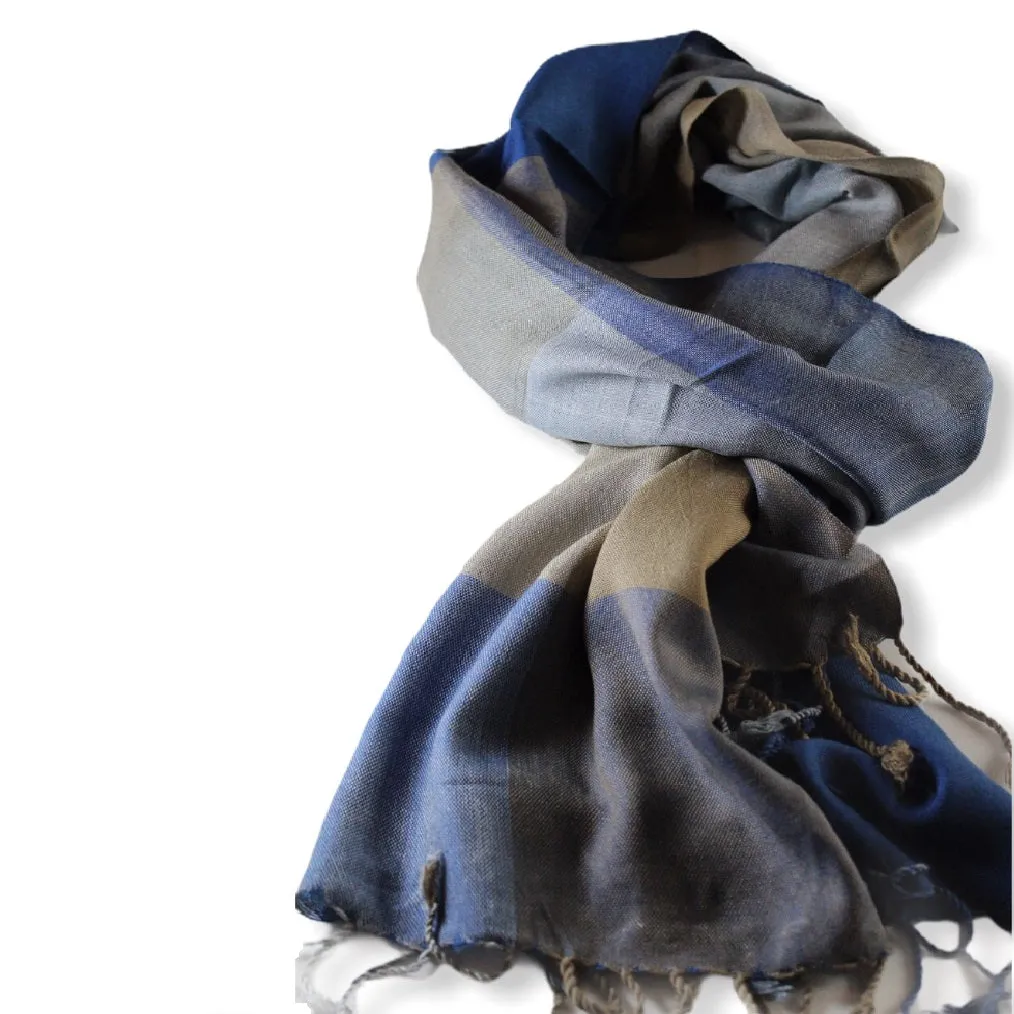 Plaid Handwoven Scarf - Blue & Beige