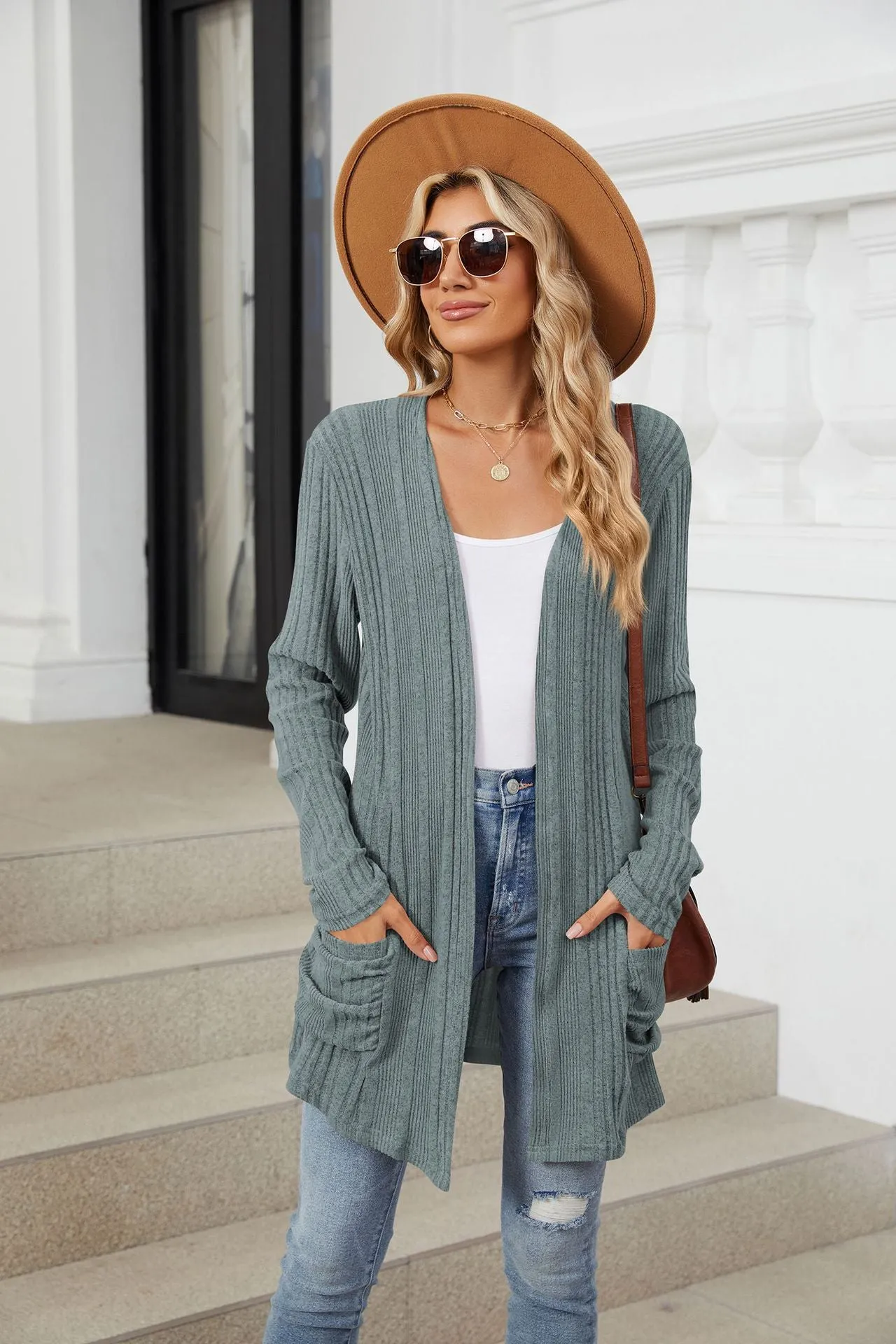 Pocketed Open Front Long Sleeve Cardigan