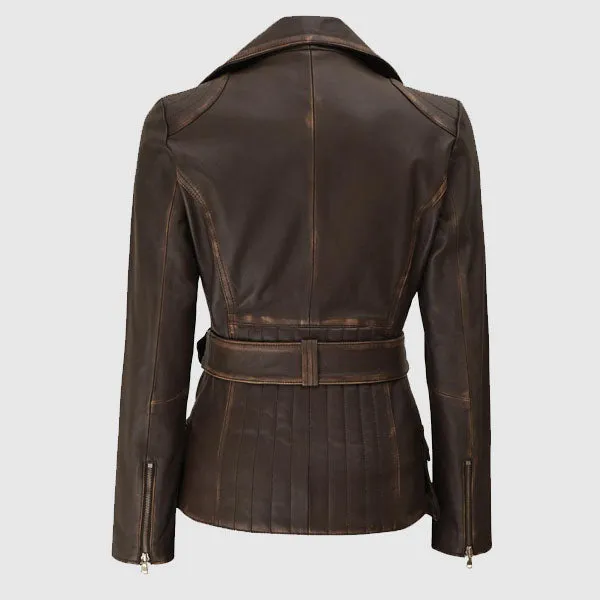 Premium Quality Womens Four Pocket Asymmetrical Distressed Brown Leather Biker Jacket